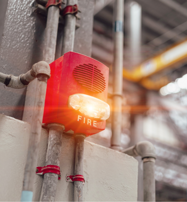 A red fire alarm system with a flashing light and speaker, accompanied by information on fire alarm services, is mounted on a wall in an industrial setting.