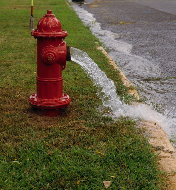 A red fire hydrant, a prime example of essential fire hydrant services, releases a strong stream of water onto a grassy area beside the road.